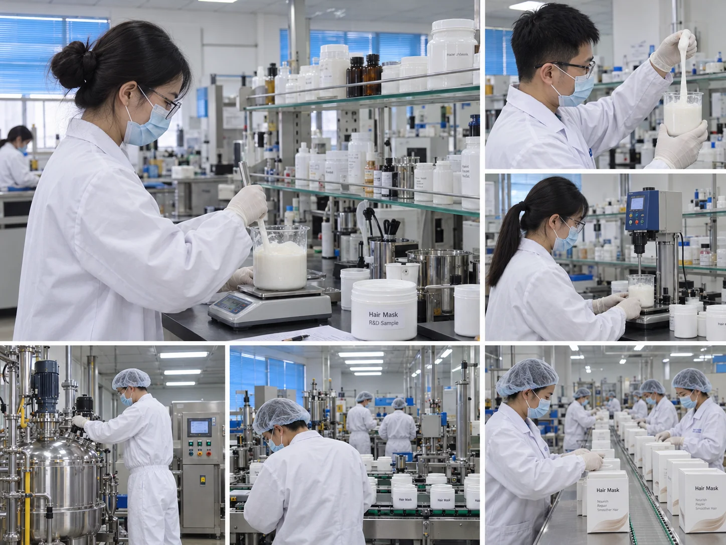 Scientists in lab coats and masks working on the production and testing of hair care products, including a hair mask formulation.